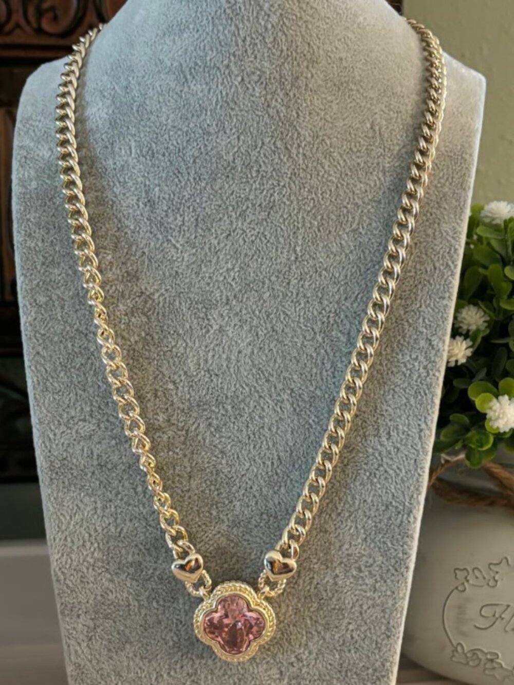Pink clover gold plated necklace